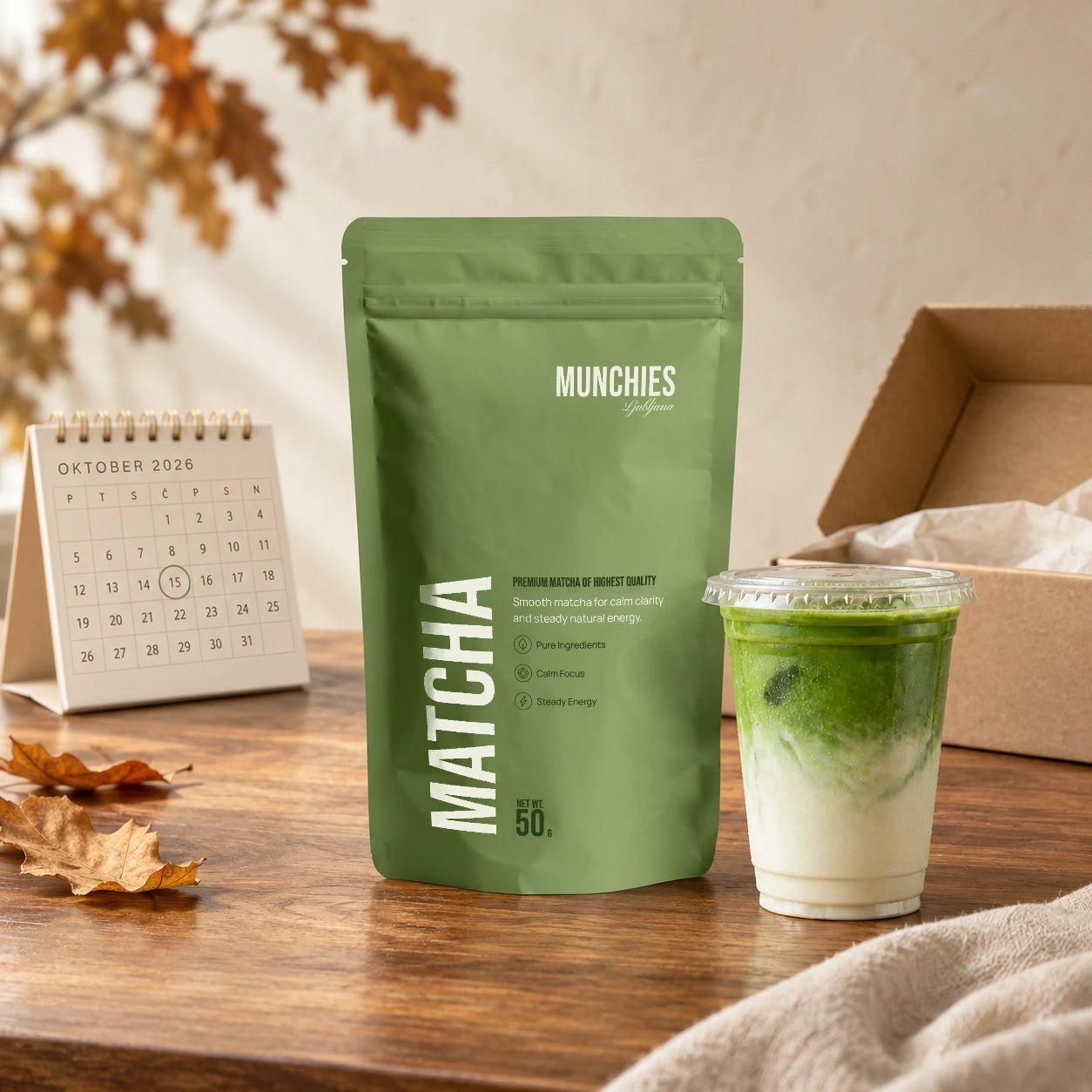 MUNCHIES matcha in soft autumn light