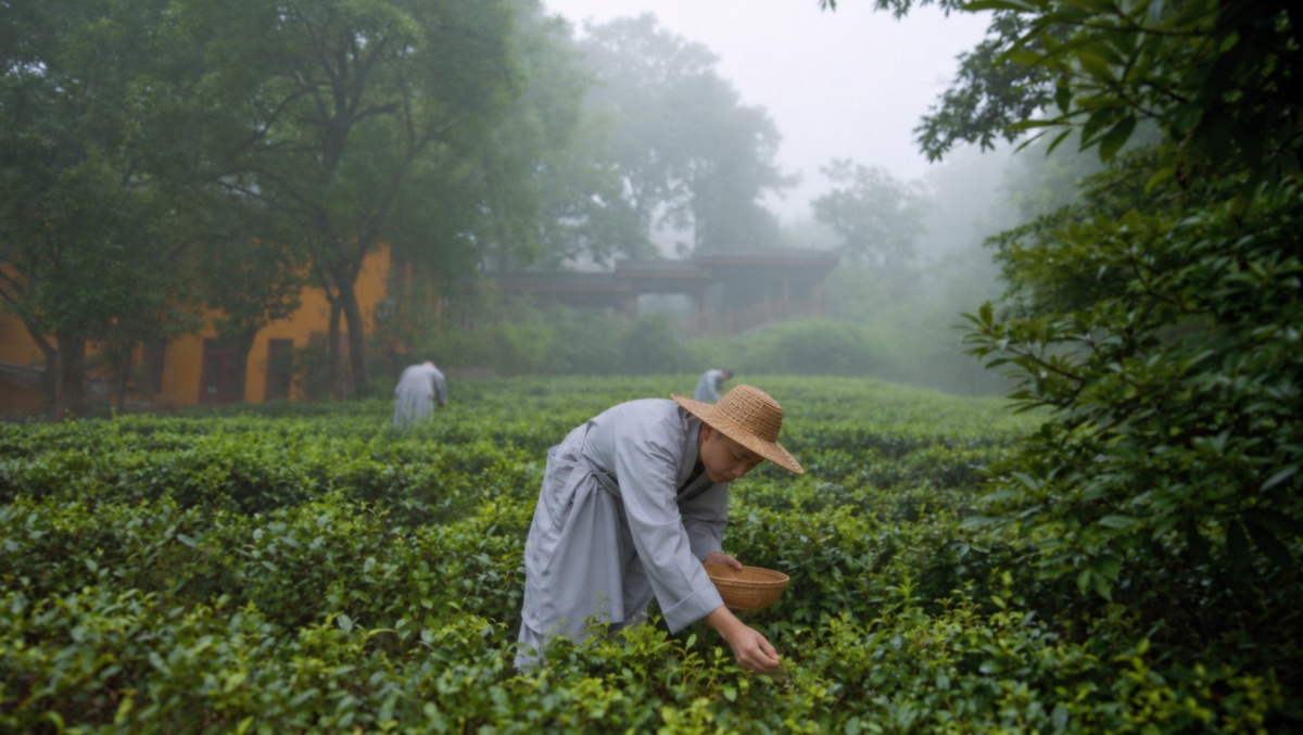 Edited illustration of monks harvesting tea among green bushes in a misty garden