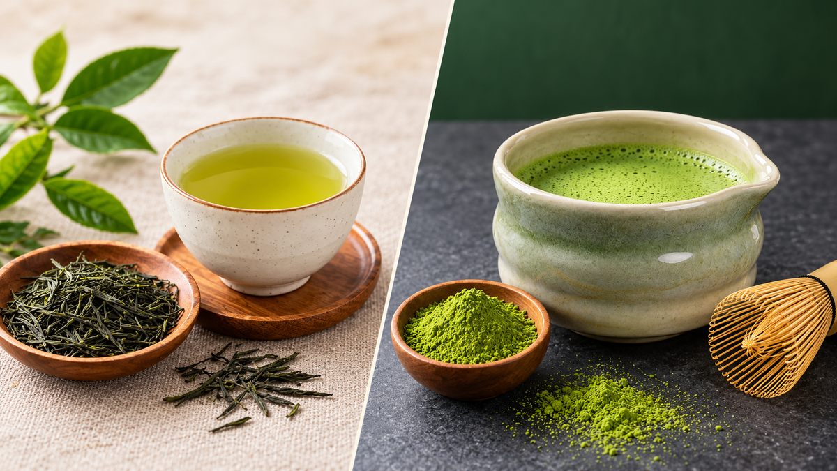Steeped green tea with tea leaves beside whisked matcha with matcha powder and a bamboo whisk