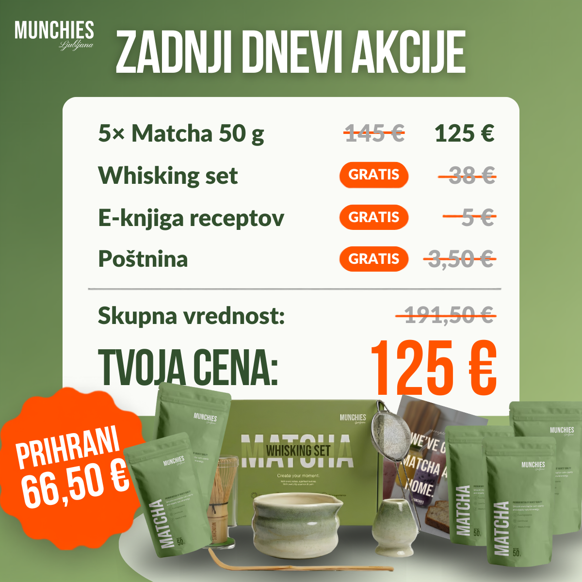 5x Matcha 50 g za 125 EUR namesto 145 EUR, whisking set, e-knjiga in postnina gratis, skupna vrednost 191,50 EUR
