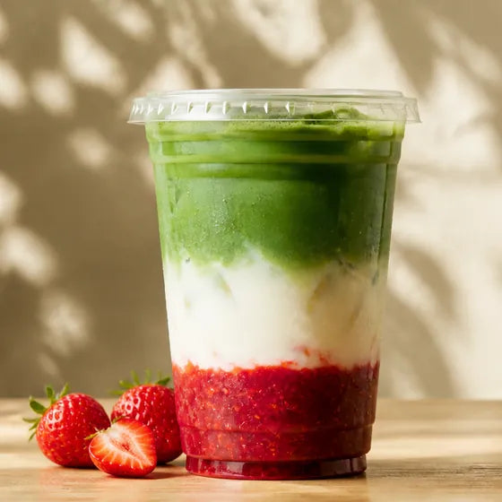 Jagodni matcha latte z zelenimi, svetlimi in rdečimi plastmi
