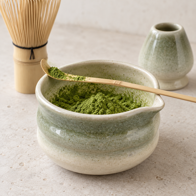 Matcha v prahu v skodelici z bambusovo žličko