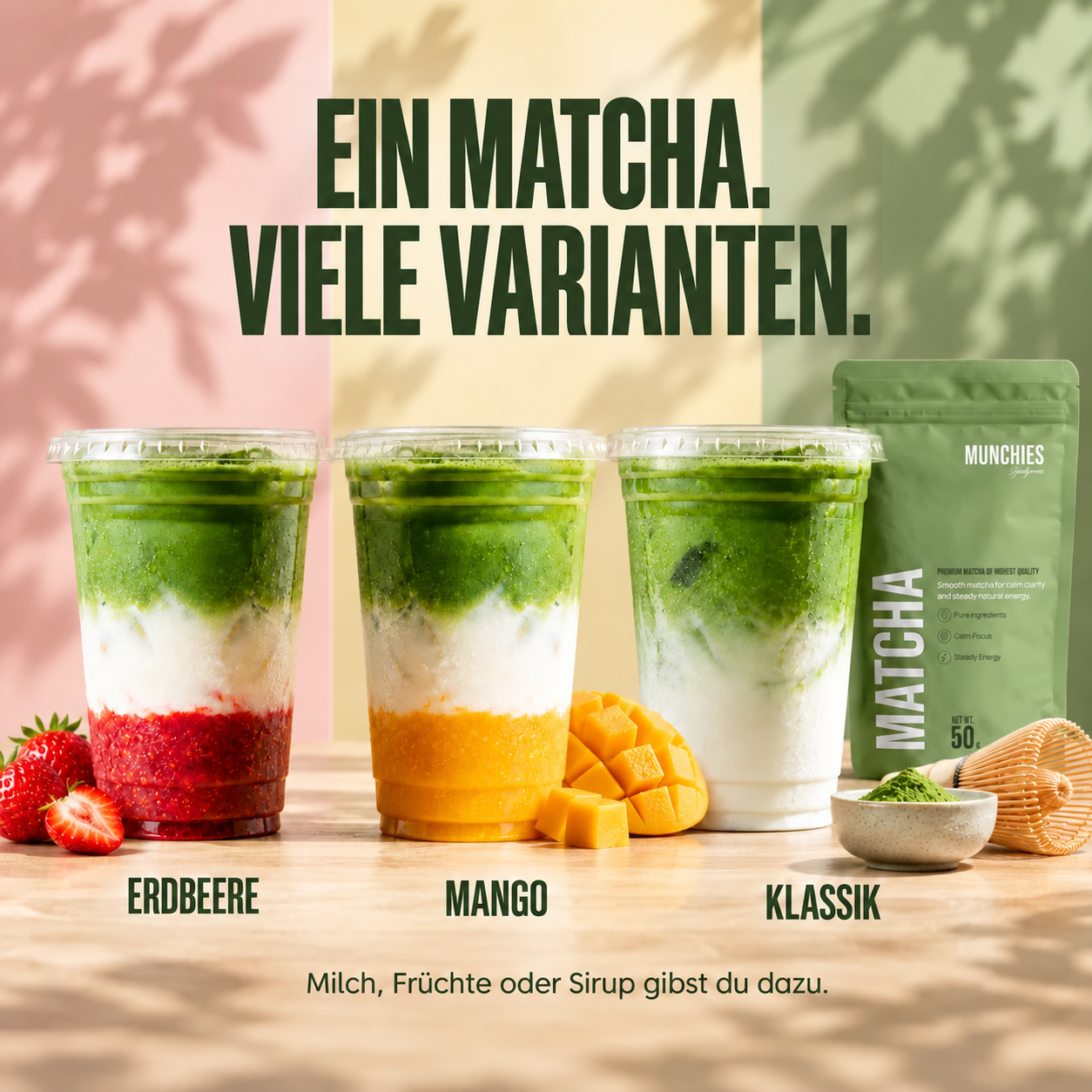 Matcha-Latte mit Erdbeere, mit Mango und klassisch