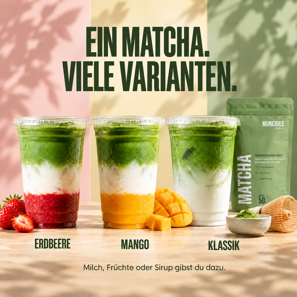 Matcha-Latte mit Erdbeere, mit Mango und klassisch