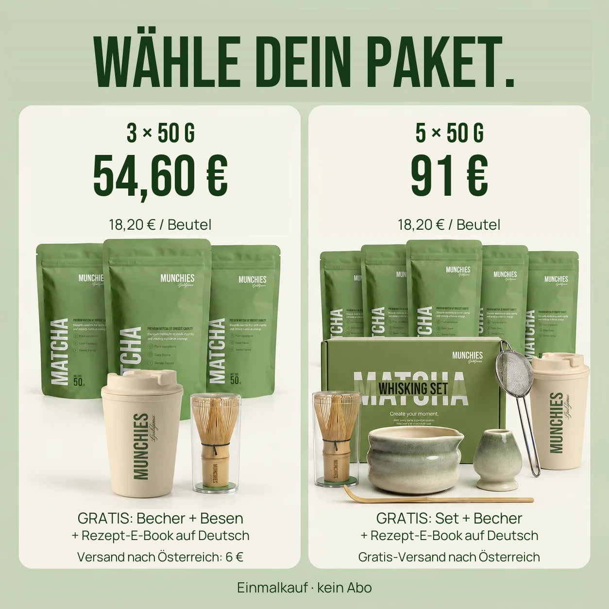 3 × 50 g für 54,60 € oder 5 × 50 g für 91 €, mit Gratis-Geschenken. Versand nach Österreich: 6 € beim 3er-Paket, gratis beim 5er-Paket.