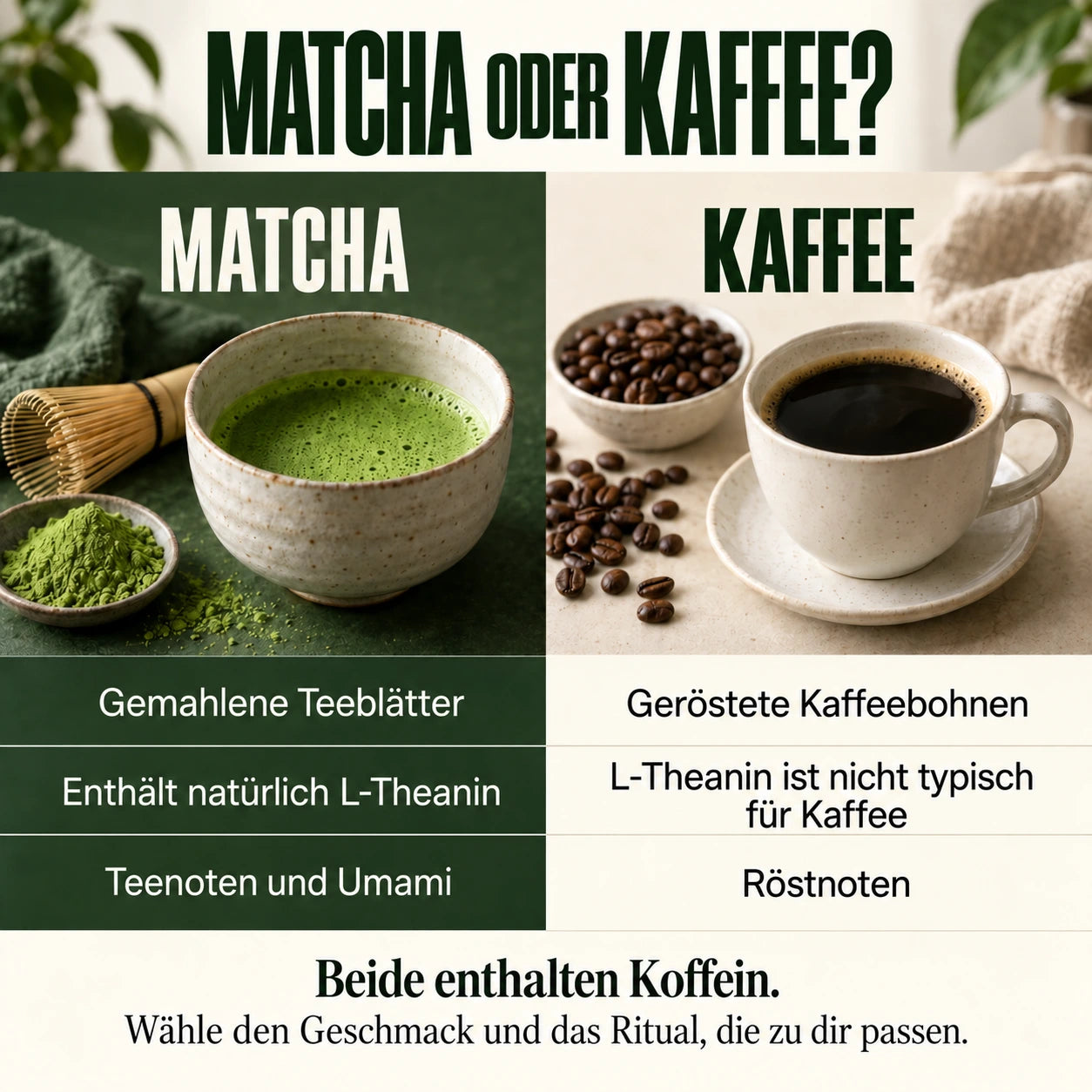 Matcha oder Kaffee? Unterschiede in Zutaten und Geschmack. Beide enthalten Koffein.
