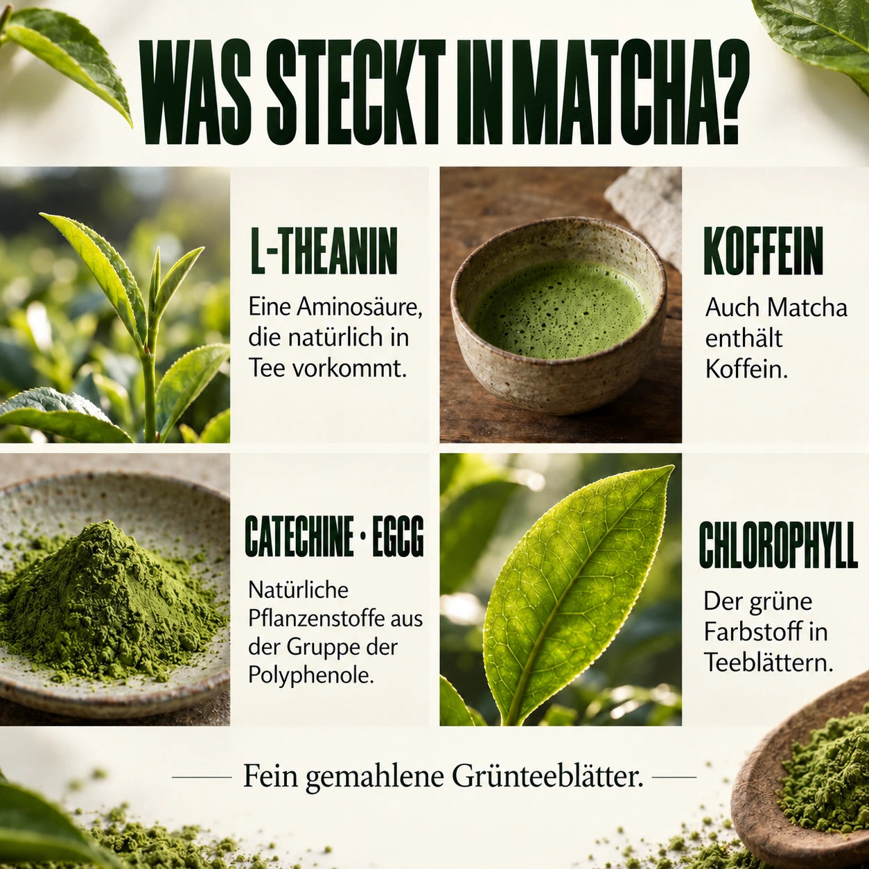 Was steckt in Matcha? L-Theanin, Koffein, Catechine und Chlorophyll.