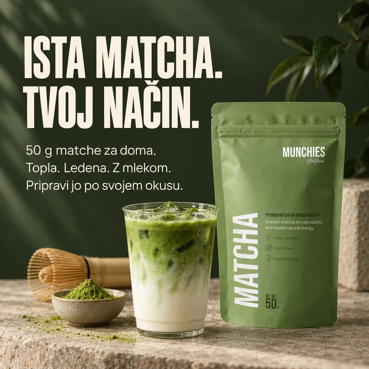 Ista matcha. Tvoj način. Munchies Matcha 50 g za pripravo doma.