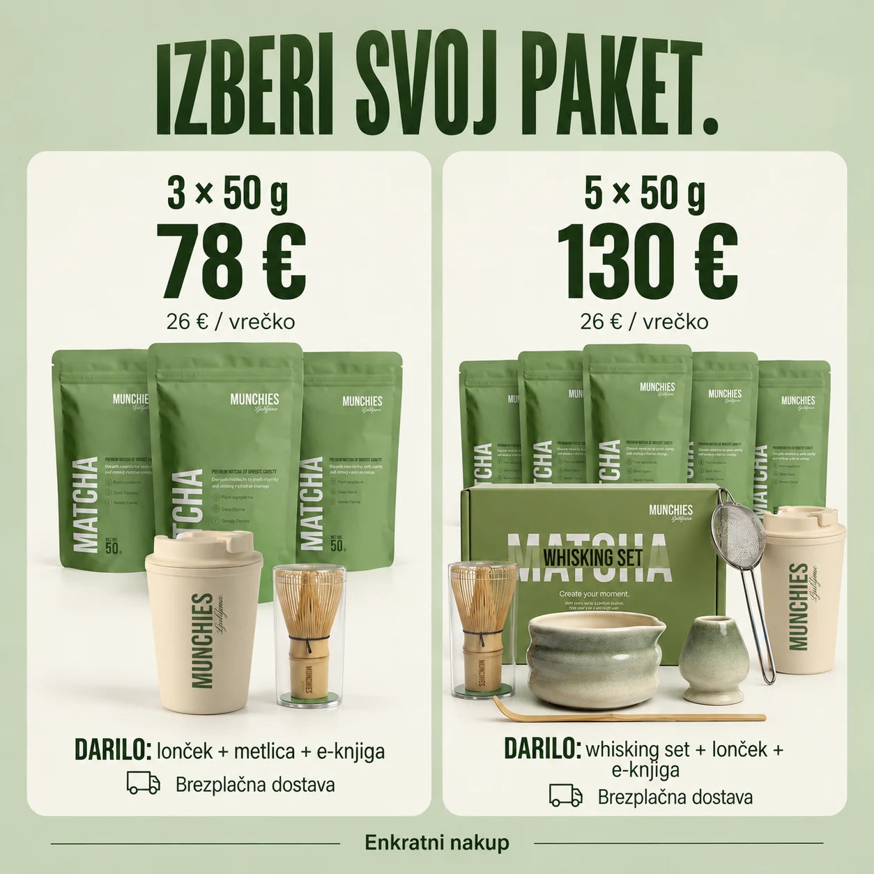 Paket 3 za 78 € ali paket 5 za 130 €, z darili in brezplačno dostavo po Sloveniji.