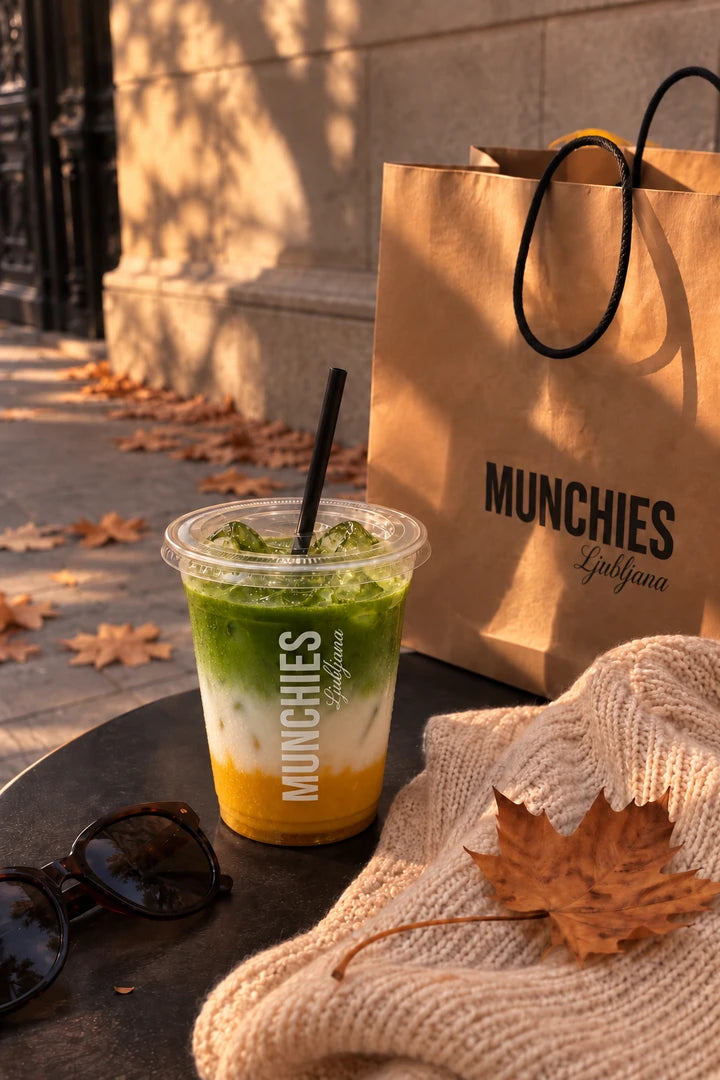Mangová matcha vedle tašky Munchies v teplém podzimním světle