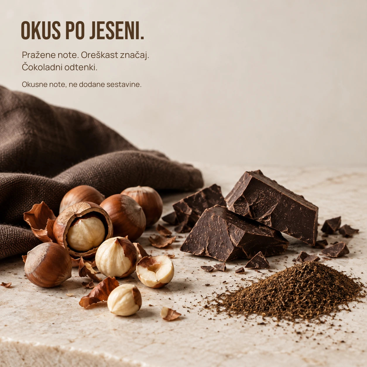 
Pražene, oreškaste in čokoladne okusne note. Brez dodanih oreščkov ali čokolade.