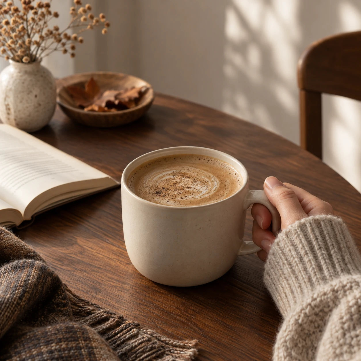 
Topel hojicha latte ob knjigi.