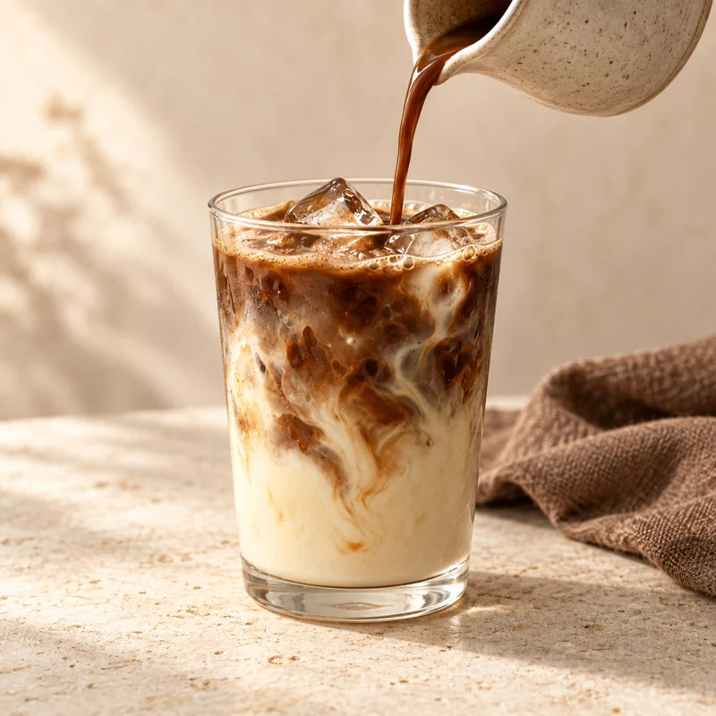 Hojicha se preliva v kozarec z mlekom.