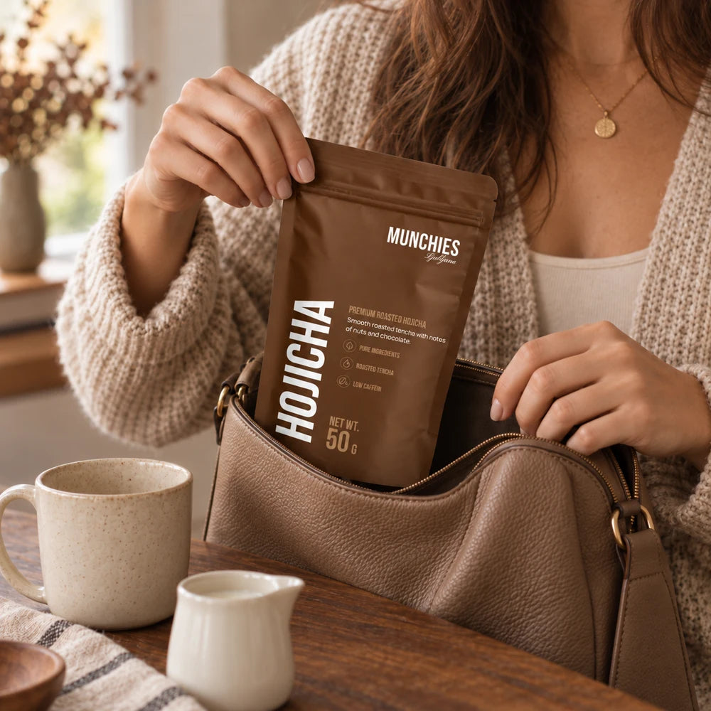 
Hojicha iz torbice, pripravljena na tvoj trenutek.