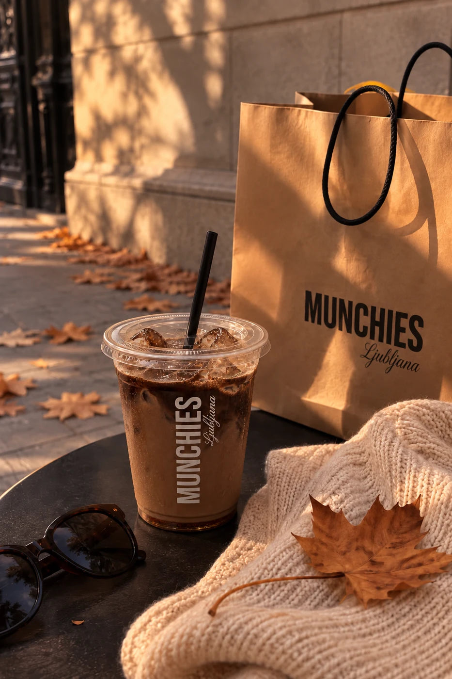 
Jesenska hojicha in Munchies vrečka na mizi.